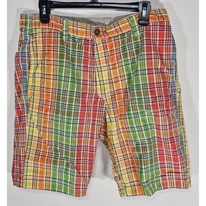 Tailor Vintage‎ Shorts Men's Size 34 Orange Green Yellow Plaid Reversible Tan